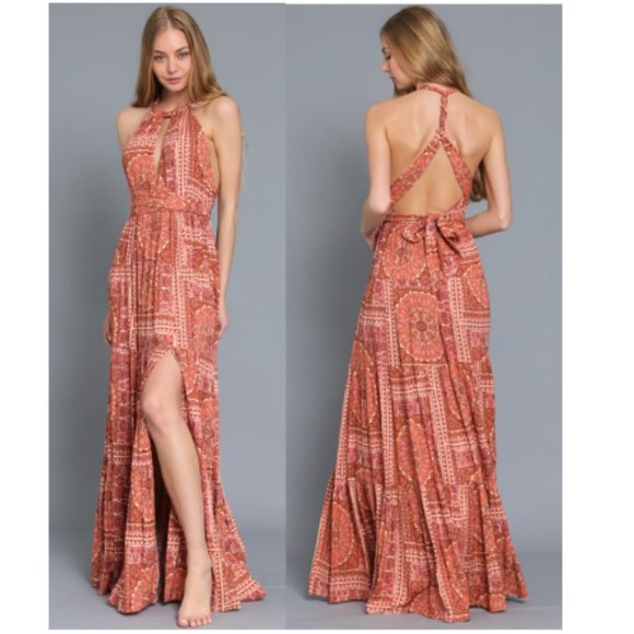 Aakaa Brick Twist Tie Back Tiered Bohemian Maxi Dress DA28082Y - Picture 1 of 12